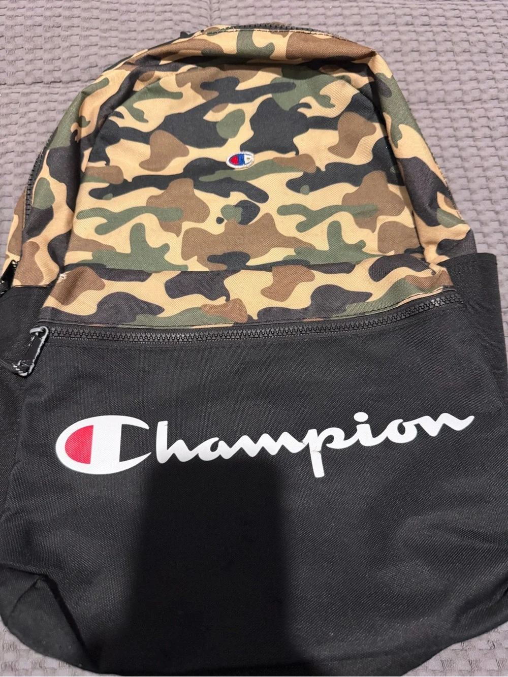 Champion “Manuscript” Camo Backpack Black Green Tan Camouflage.